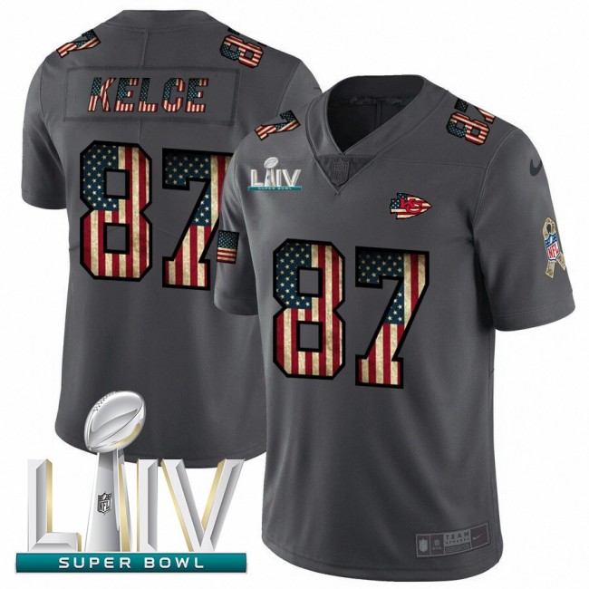 Kansas City Chiefs #87 Travis Kelce Black Super Bowl LIV 2020 Nike 2018 Salute to Service Retro USA Flag Limited NFL Jersey