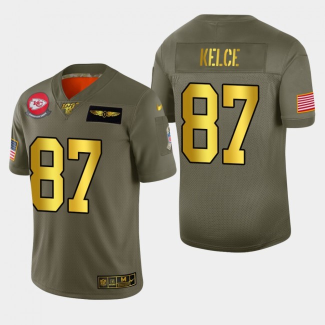 Kansas City Chiefs #87 Travis Kelce Men's Nike Olive Gold 2019 Salute to Service Limited NFL 100 Jersey