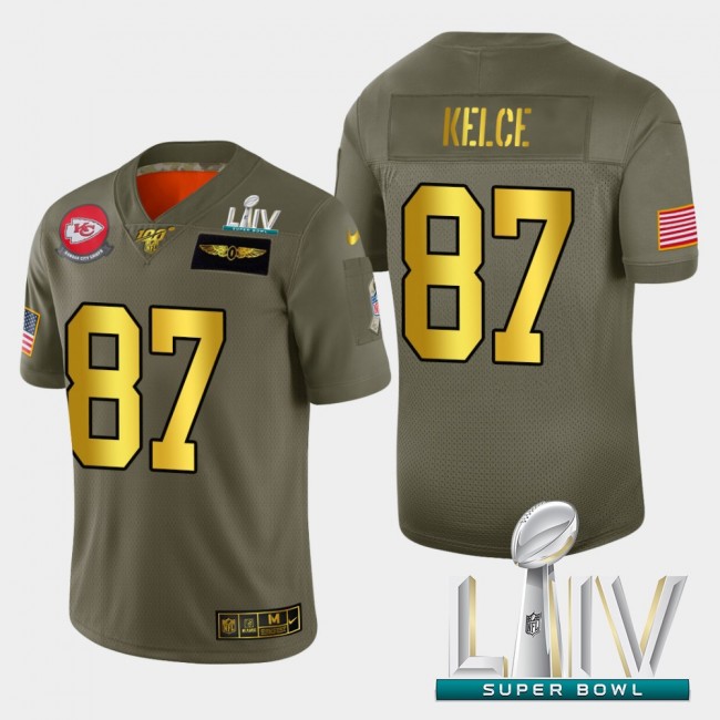 Kansas City Chiefs #87 Travis Kelce Men's Nike Olive Gold Super Bowl LIV 2020 2019 Salute to Service Limited NFL 100 Jersey