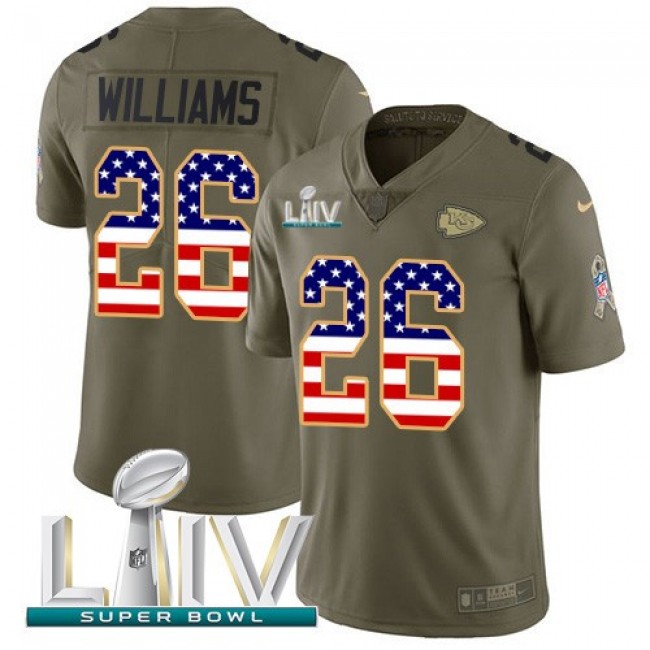 Nike Chiefs #26 Damien Williams Olive/USA Flag Super Bowl LIV 2020 Men's Stitched NFL Limited 2017 Salute To Service Jersey