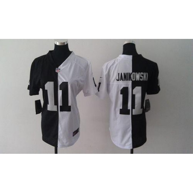 Women's Raiders #11 Sebastian Janikowski Black White Stitched NFL Elite Split Jersey