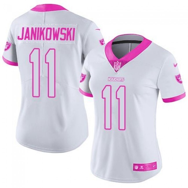 Women's Raiders #11 Sebastian Janikowski White Pink Stitched NFL Limited Rush Jersey