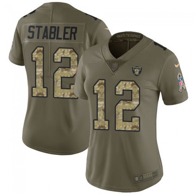 Women's Raiders #12 Kenny Stabler Olive Camo Stitched NFL Limited 2017 Salute to Service Jersey