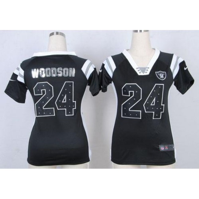 Women's Raiders #24 Charles Woodson Black Team Color Stitched NFL Elite Draft Him Shimmer Jersey
