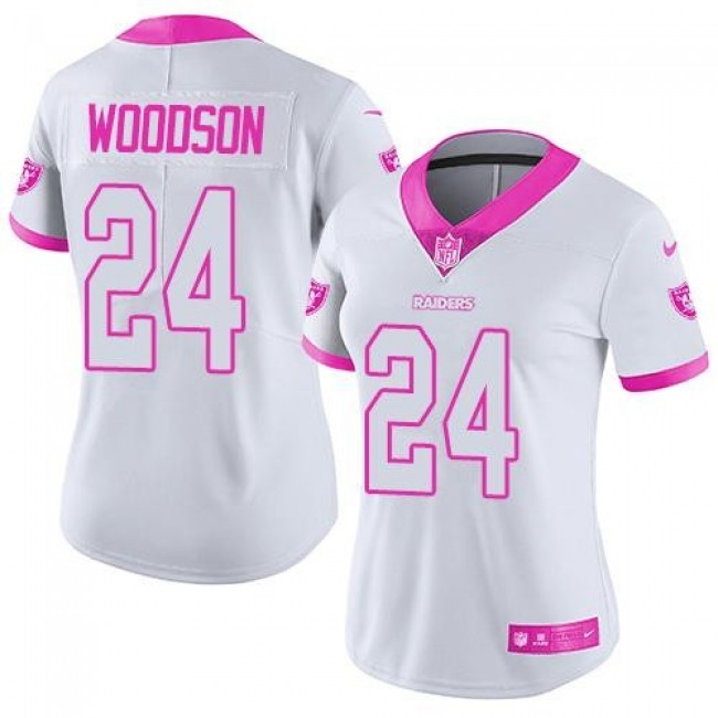 Women's Raiders #24 Charles Woodson White Pink Stitched NFL Limited Rush Jersey