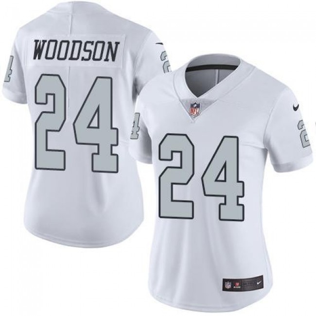 Women's Raiders #24 Charles Woodson White Stitched NFL Limited Rush Jersey