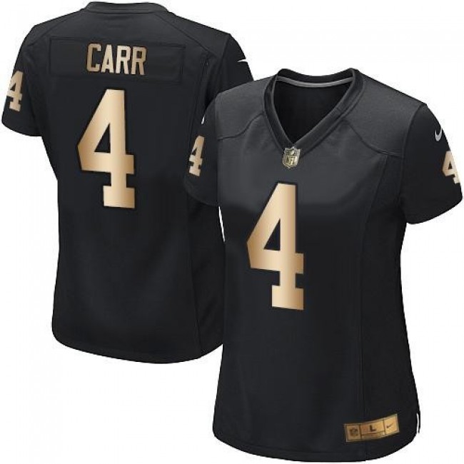 Women's Raiders #4 Derek Carr Black Team Color Stitched NFL Elite Gold Jersey