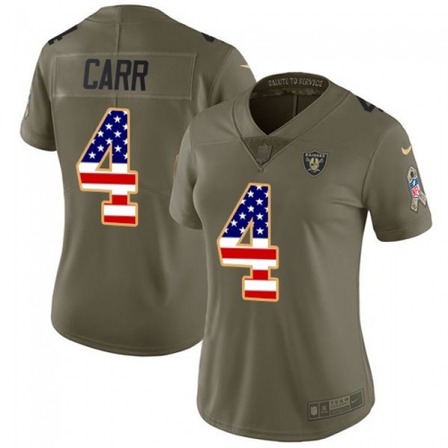 Women's Raiders #4 Derek Carr Olive USA Flag Stitched NFL Limited 2017 Salute to Service Jersey