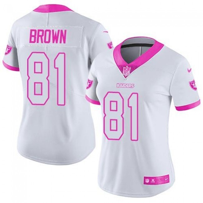 كيكة الفراولة Nike Raiders #81 Tim Brown White Pink Women's Stitched NFL Limited Rush Fashion Jersey ورق مائي