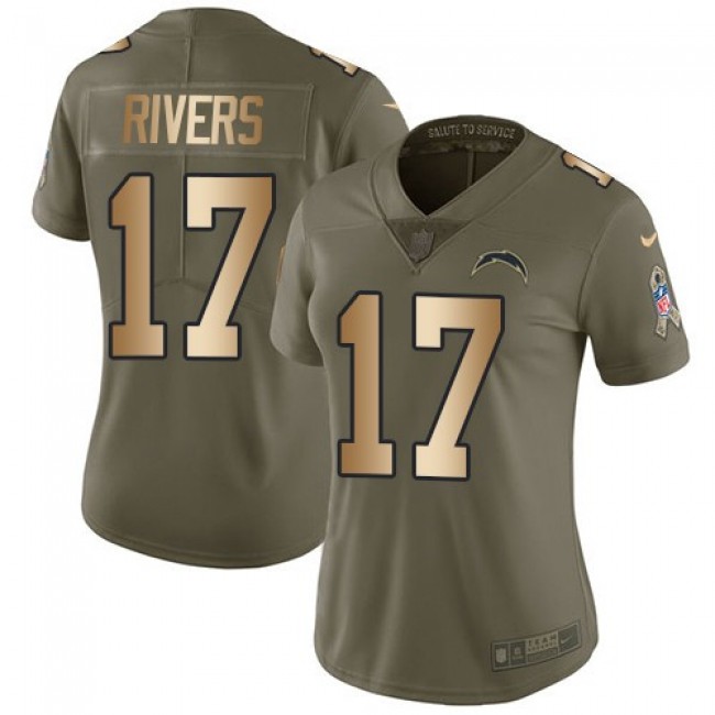 Women's Chargers #17 Philip Rivers Olive Gold Stitched NFL Limited 2017 Salute to Service Jersey