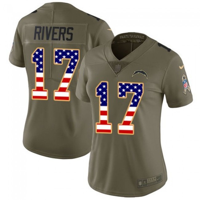 Women's Chargers #17 Philip Rivers Olive USA Flag Stitched NFL Limited 2017 Salute to Service Jersey
