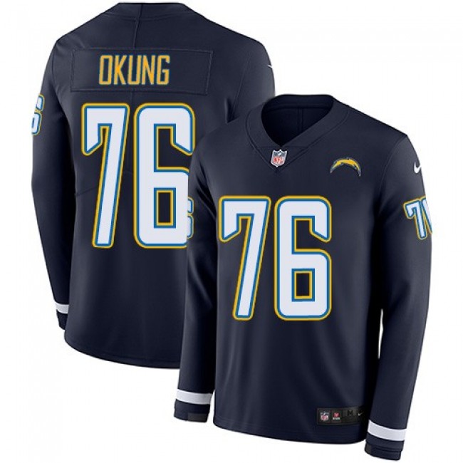 Nike Chargers #76 Russell Okung Navy Blue Team Color Men's Stitched NFL Limited Therma Long Sleeve Jersey