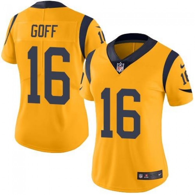 Women's Rams #16 Jared Goff Gold Stitched NFL Limited Rush Jersey