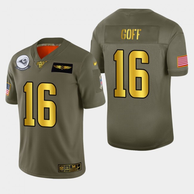 Nike Rams #16 Jared Goff Men's Olive Gold 2019 Salute to Service NFL 100 Limited Jersey