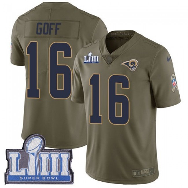 Nike Rams #16 Jared Goff Olive Super Bowl LIII Bound Men's Stitched NFL Limited 2017 Salute to Service Jersey