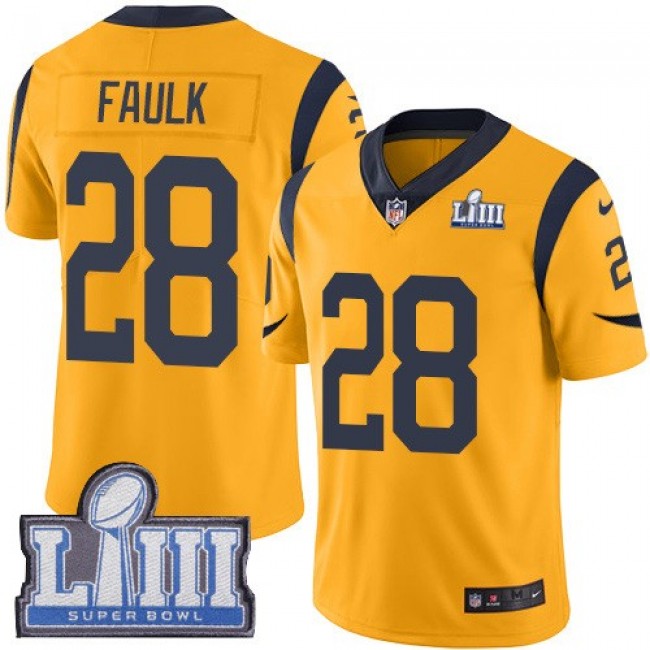 Nike Rams #28 Marshall Faulk Gold Super Bowl LIII Bound Men's Stitched NFL Limited Rush Jersey
