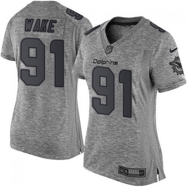Women's Dolphins #91 Cameron Wake Gray Stitched NFL Limited Gridiron Gray Jersey