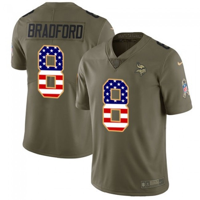 Minnesota Vikings #8 Sam Bradford Olive-USA Flag Youth Stitched NFL Limited 2017 Salute to Service Jersey