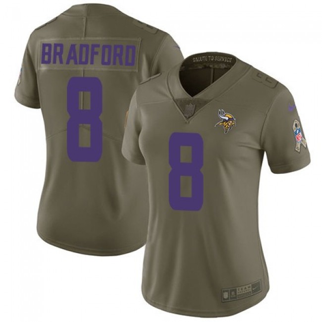 Women's Vikings #8 Sam Bradford Olive Stitched NFL Limited 2017 Salute to Service Jersey