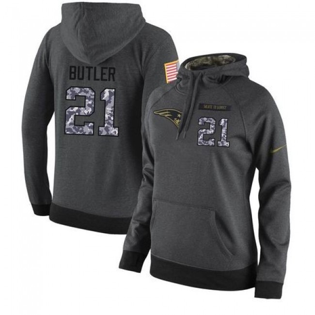 Women's NFL New England Patriots #21 Malcolm Butler Stitched Black Anthracite Salute to Service Player Hoodie Jersey