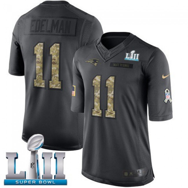 New England Patriots #11 Julian Edelman Black Super Bowl LII Youth Stitched NFL Limited 2016 Salute to Service Jersey