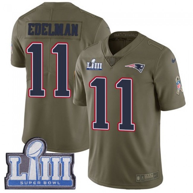 Nike Patriots #11 Julian Edelman Olive Super Bowl LIII Bound Men's Stitched NFL Limited 2017 Salute To Service Jersey