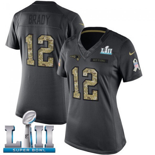Women's Patriots #12 Tom Brady Black Super Bowl LII Stitched NFL Limited 2016 Salute to Service Jersey