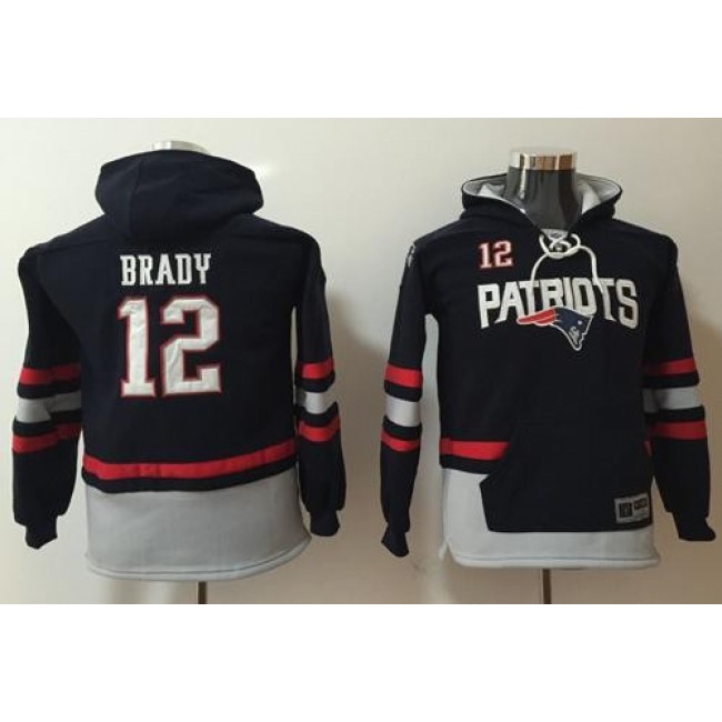 New England Patriots #12 Tom Brady Navy Blue-Grey Youth Name Number Pullover NFL Hoodie Jersey