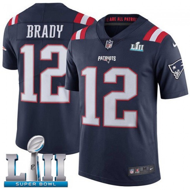 New England Patriots #12 Tom Brady Navy Blue Super Bowl LII Youth Stitched NFL Limited Rush Jersey