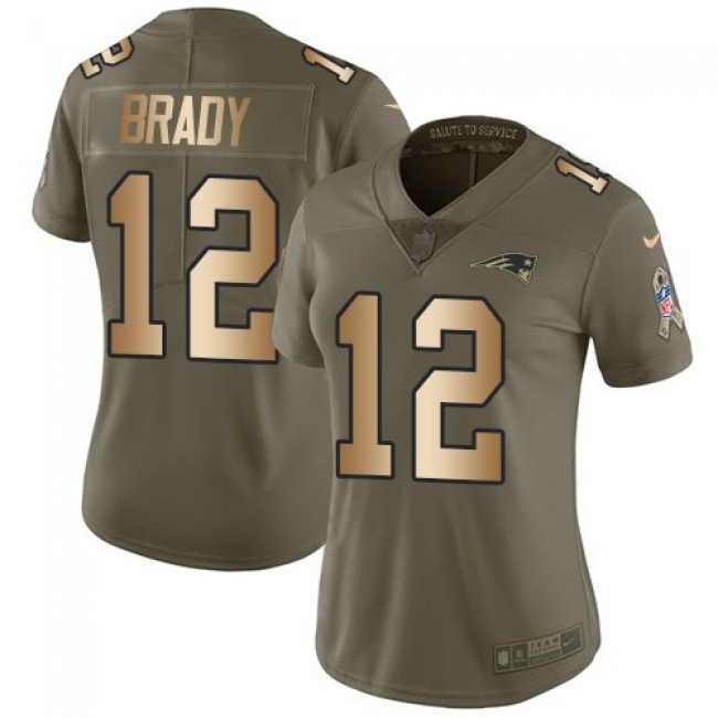 Women's Patriots #12 Tom Brady Olive Gold Stitched NFL Limited 2017 Salute to Service Jersey