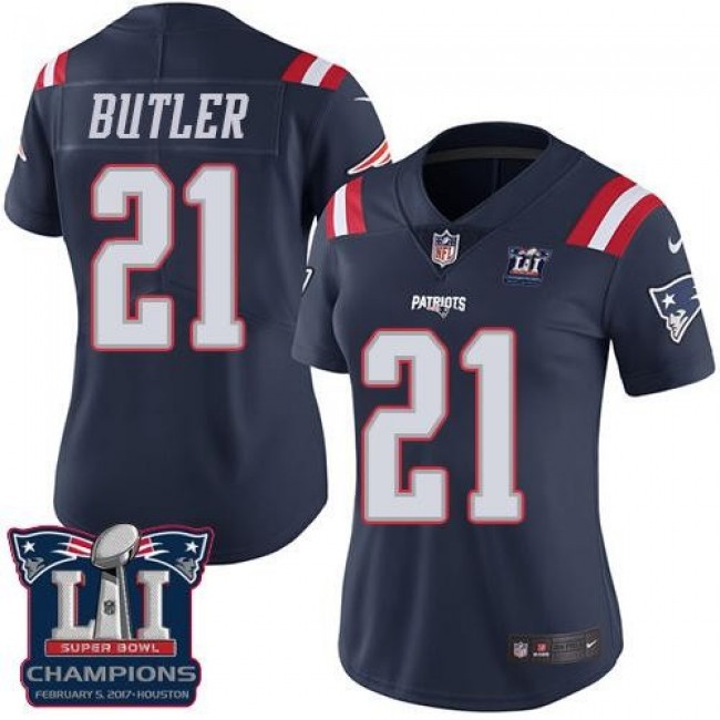 Women's Patriots #21 Malcolm Butler Navy Blue Super Bowl LI Champions Stitched NFL Limited Rush Jersey