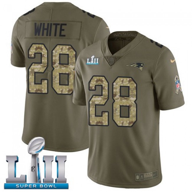 New England Patriots #28 James White Olive-Camo Super Bowl LII Youth Stitched NFL Limited 2017 Salute to Service Jersey
