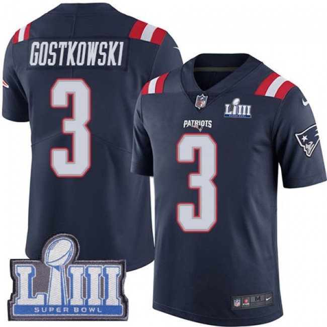 Nike Patriots #3 Stephen Gostkowski Navy Blue Super Bowl LIII Bound Men's Stitched NFL Limited Rush Jersey