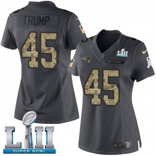 Women's Patriots #45 Donald Trump Black Super Bowl LII Stitched NFL Limited 2016 Salute to Service Jersey