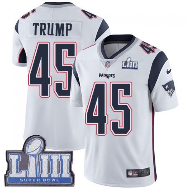 Nike Patriots #45 Donald Trump White Super Bowl LIII Bound Men's Stitched NFL Vapor Untouchable Limited Jersey
