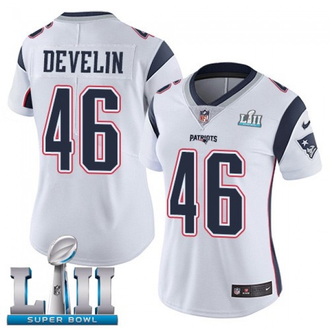 Women's Patriots #46 James Develin White Super Bowl LII Stitched NFL Vapor Untouchable Limited Jersey