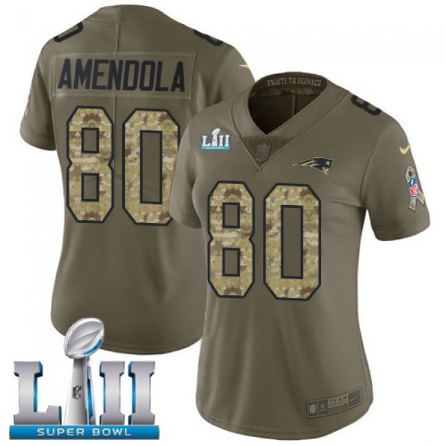 Women's Patriots #80 Danny Amendola Olive Camo Super Bowl LII Stitched NFL Limited 2017 Salute to Service Jersey