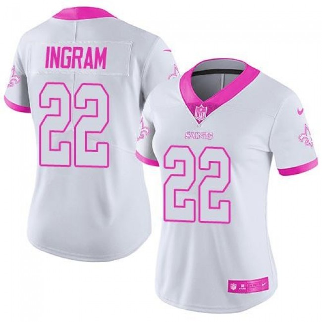 Women's Saints #22 Mark Ingram White Pink Stitched NFL Limited Rush Jersey