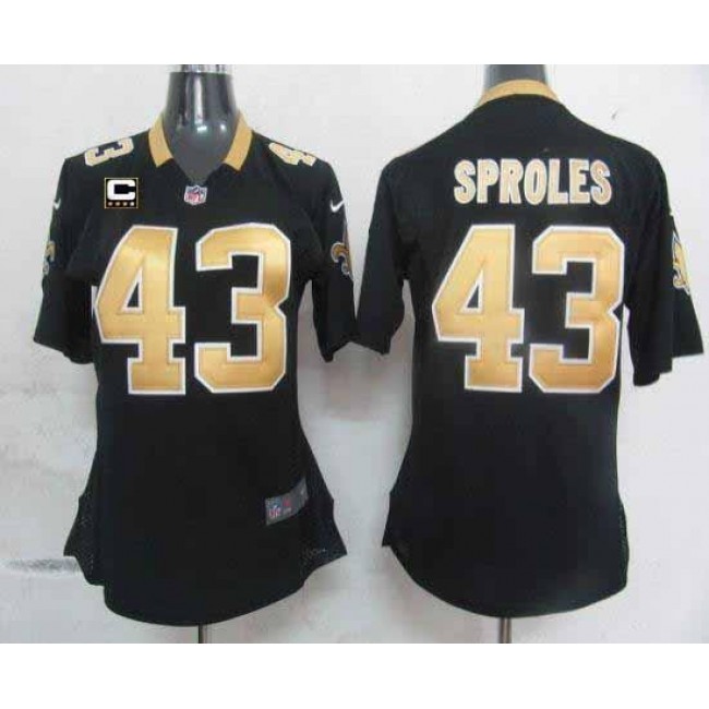 Women's Saints #43 Darren Sproles Black Team Color With C Patch Stitched NFL Elite Jersey