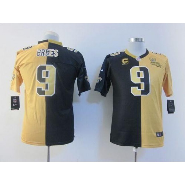New Orleans Saints #9 Drew Brees Black-Gold Youth Stitched NFL Elite Split Jersey
