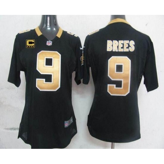 Women's Saints #9 Drew Brees Black Team Color With C Patch Stitched NFL Elite Jersey