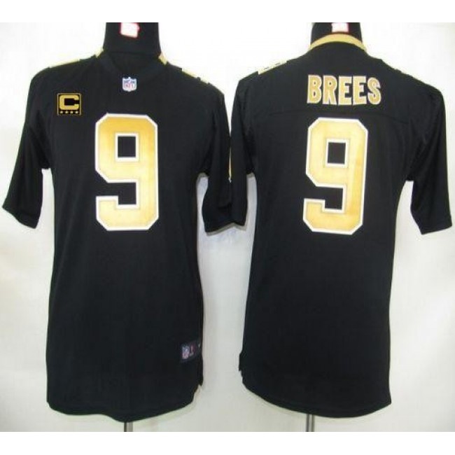 New Orleans Saints #9 Drew Brees Black Team Color With C Patch Youth Stitched NFL Elite Jersey