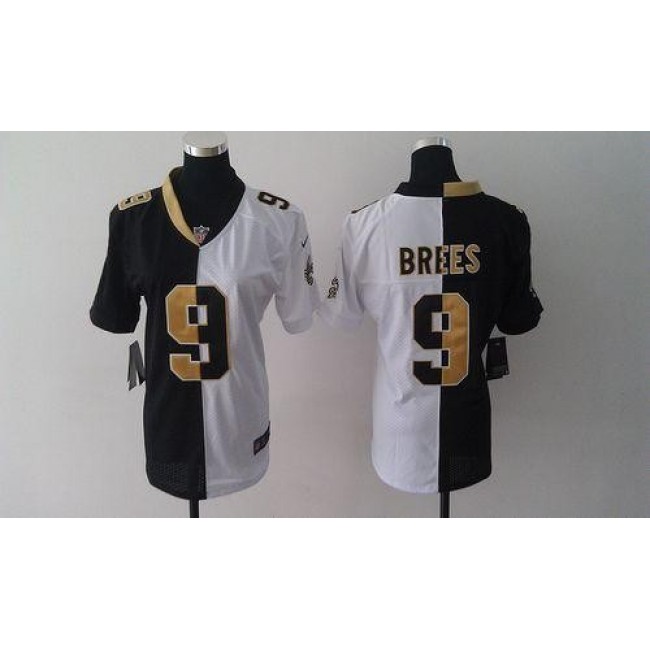 Women's Saints #9 Drew Brees Black White Stitched NFL Elite Split Jersey