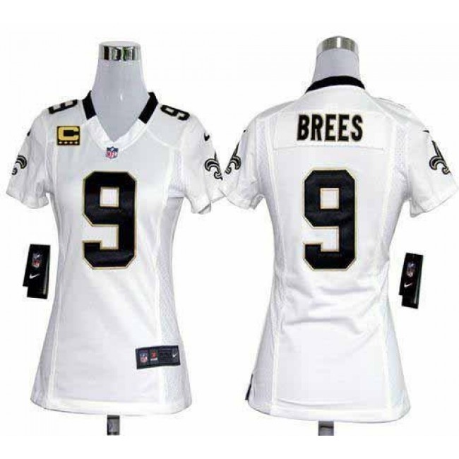 Women's Saints #9 Drew Brees White With C Patch Stitched NFL Elite Jersey