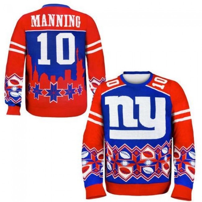 Nike Giants #10 Eli Manning Royal Blue/Red Men's Ugly Sweater