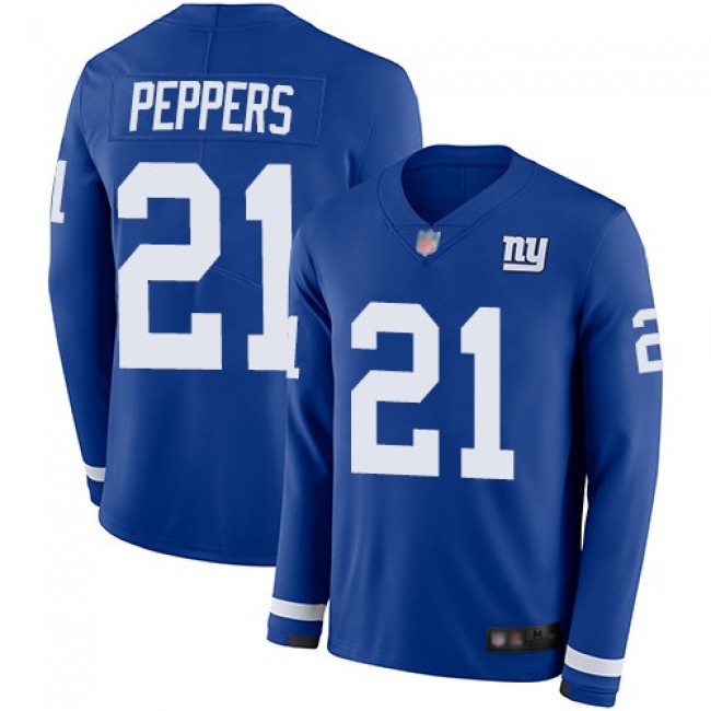 Nike Giants #21 Jabrill Peppers Royal Blue Team Color Men's Stitched NFL Limited Therma Long Sleeve Jersey