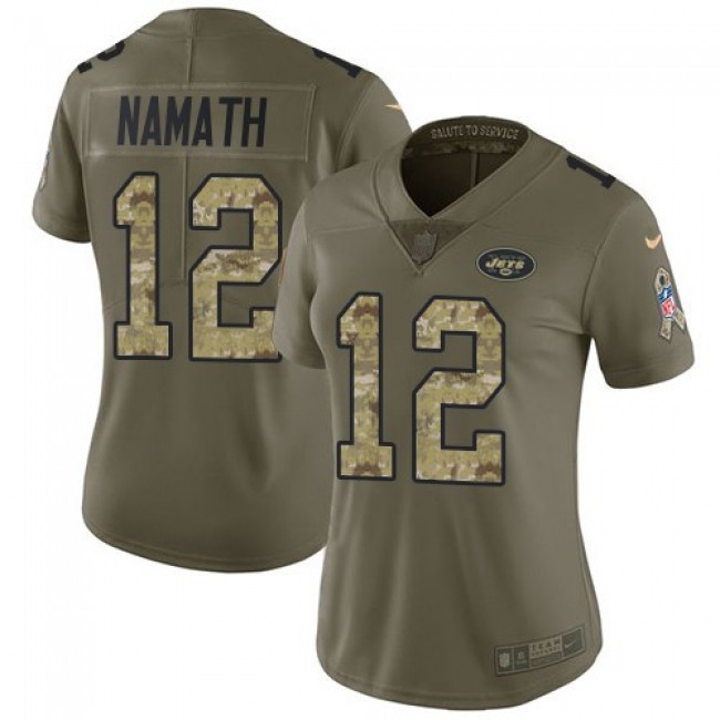 Women's Jets #12 Joe Namath Olive Camo Stitched NFL Limited 2017 Salute to Service Jersey