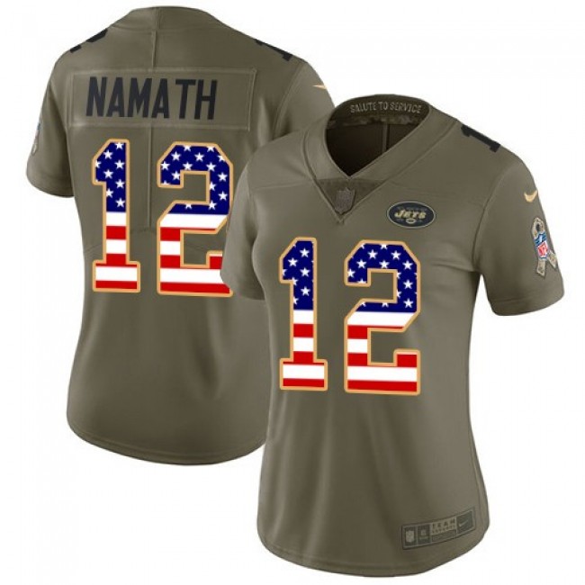 Women's Jets #12 Joe Namath Olive USA Flag Stitched NFL Limited 2017 Salute to Service Jersey