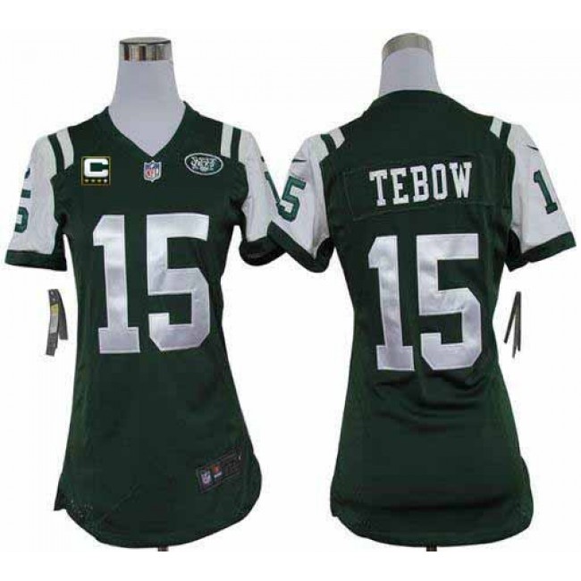 Women's Jets #15 Tim Tebow Green Team Color With C Patch Stitched NFL Elite Jersey