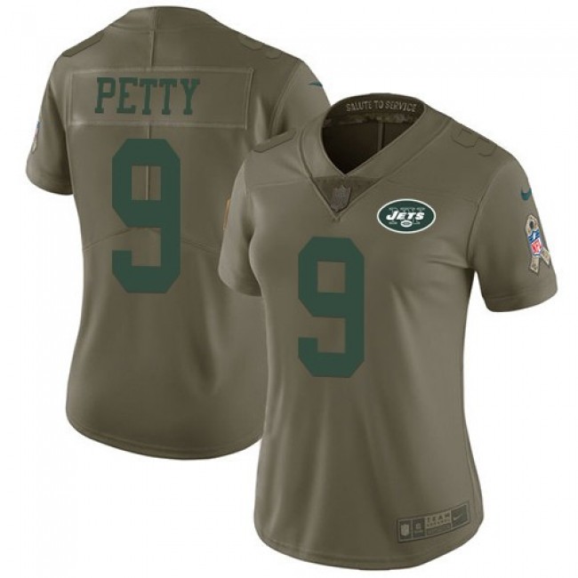 Women's Jets #9 Bryce Petty Olive Stitched NFL Limited 2017 Salute to Service Jersey